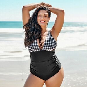 Women One Piece Swimsuit Tummy Control Bathing Suit Black-White Gingham Ruched